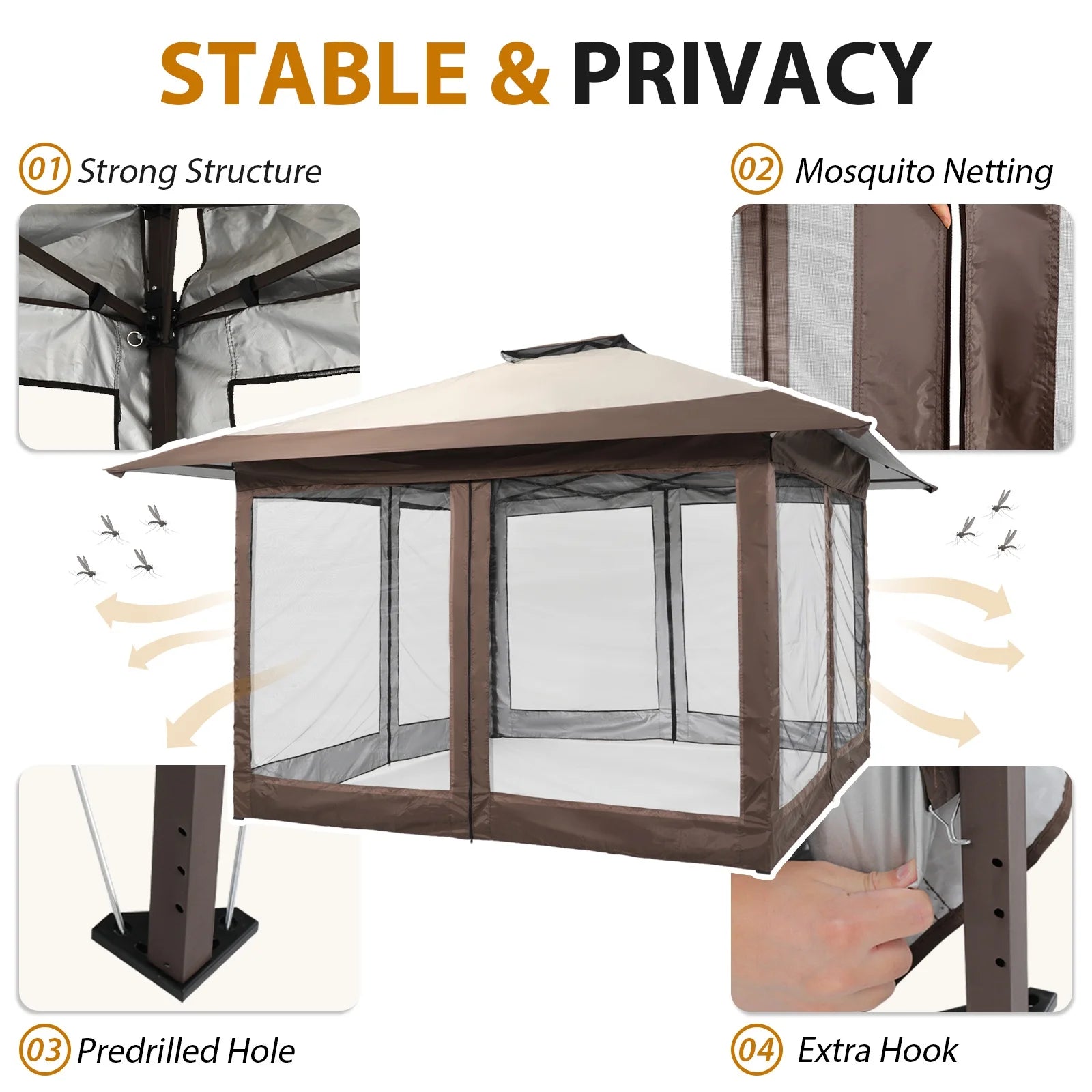JOIVI 13'x13?Patio Gazebo, Outdoor Pop up Gazebo, Canopy Gazebo Tent Shelter with Mosquito Netting, Beige & Brown