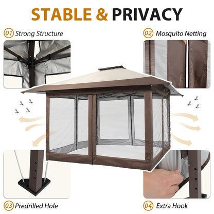 JOIVI 13'x13?Patio Gazebo, Outdoor Pop up Gazebo, Canopy Gazebo Tent Shelter with Mosquito Netting, Beige & Brown