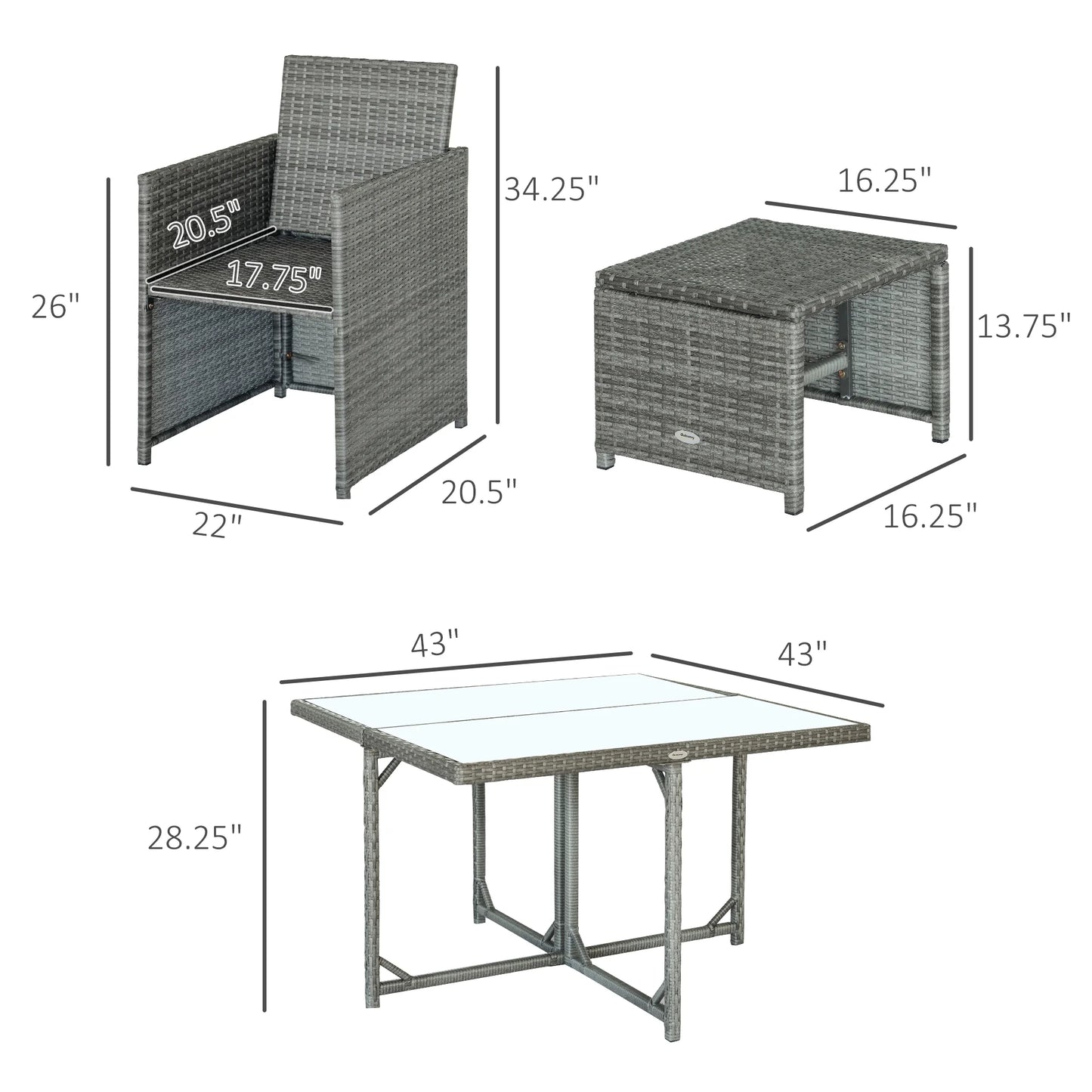Outsunny 9 Piece Patio Wicker Dining Sets, Space Saving Outdoor Sectional Conversation Set, with Dining Table, Ottoman and Chair & Cushioned for Lawn Garden Backyard, Dark Grey