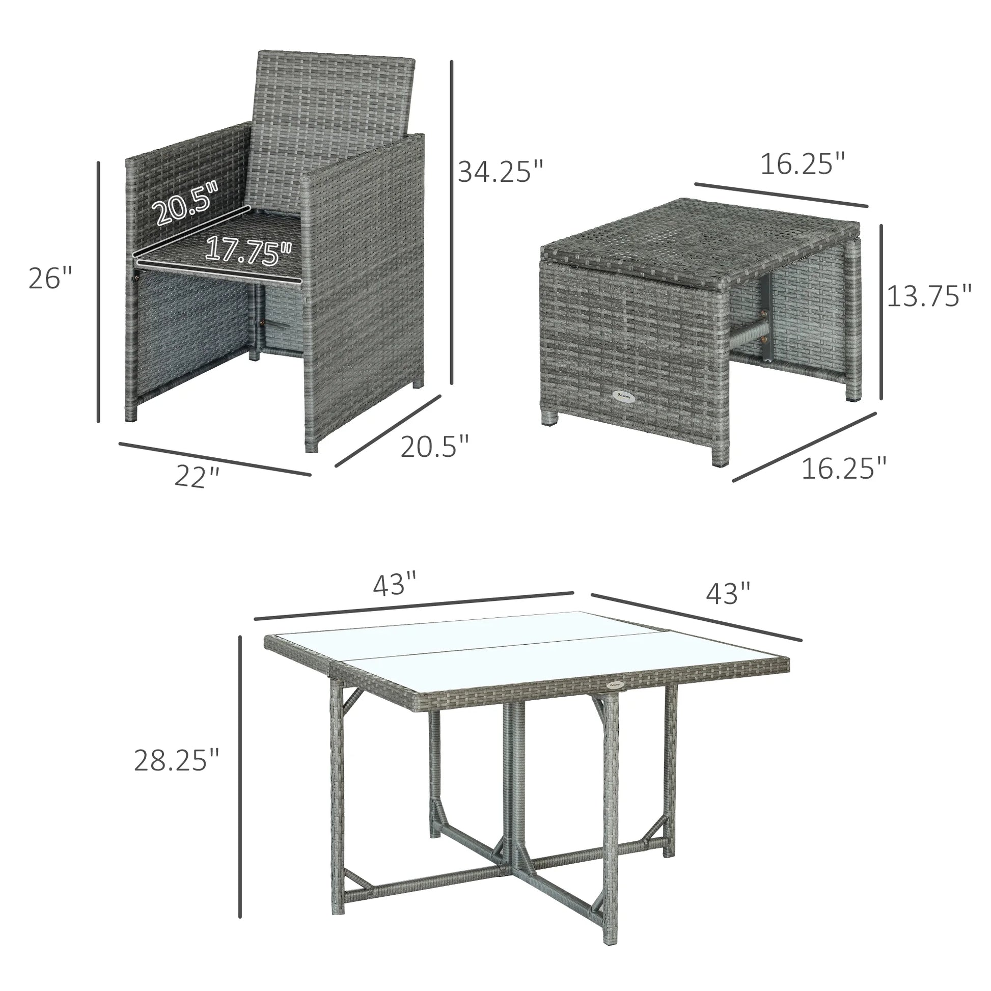 Outsunny 9 Piece Patio Wicker Dining Sets, Space Saving Outdoor Sectional Conversation Set, with Dining Table, Ottoman and Chair & Cushioned for Lawn Garden Backyard, Dark Grey