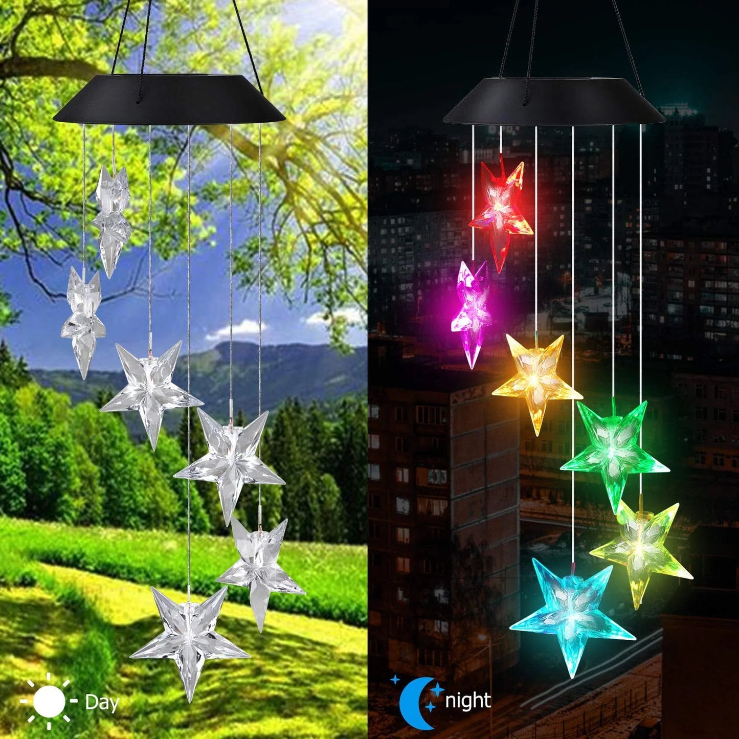 Solar Power Wind Chime, Color-Changing Star LED Wind Chime Waterproof Outdoor Decorative Automatic Wind Mobile Bell Light for Patio Yard Garden Home