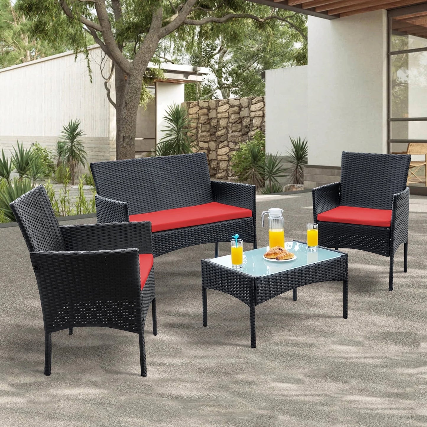Tappio 4 Piece Patio Conversation Wicker Furniture Set, Porch Furniture Outdoor Sectional Furniture Set w/Coffee Table & Cushions Wicker Sofa Garden Conversation Set for Yard Pool Backyard,Black/Red
