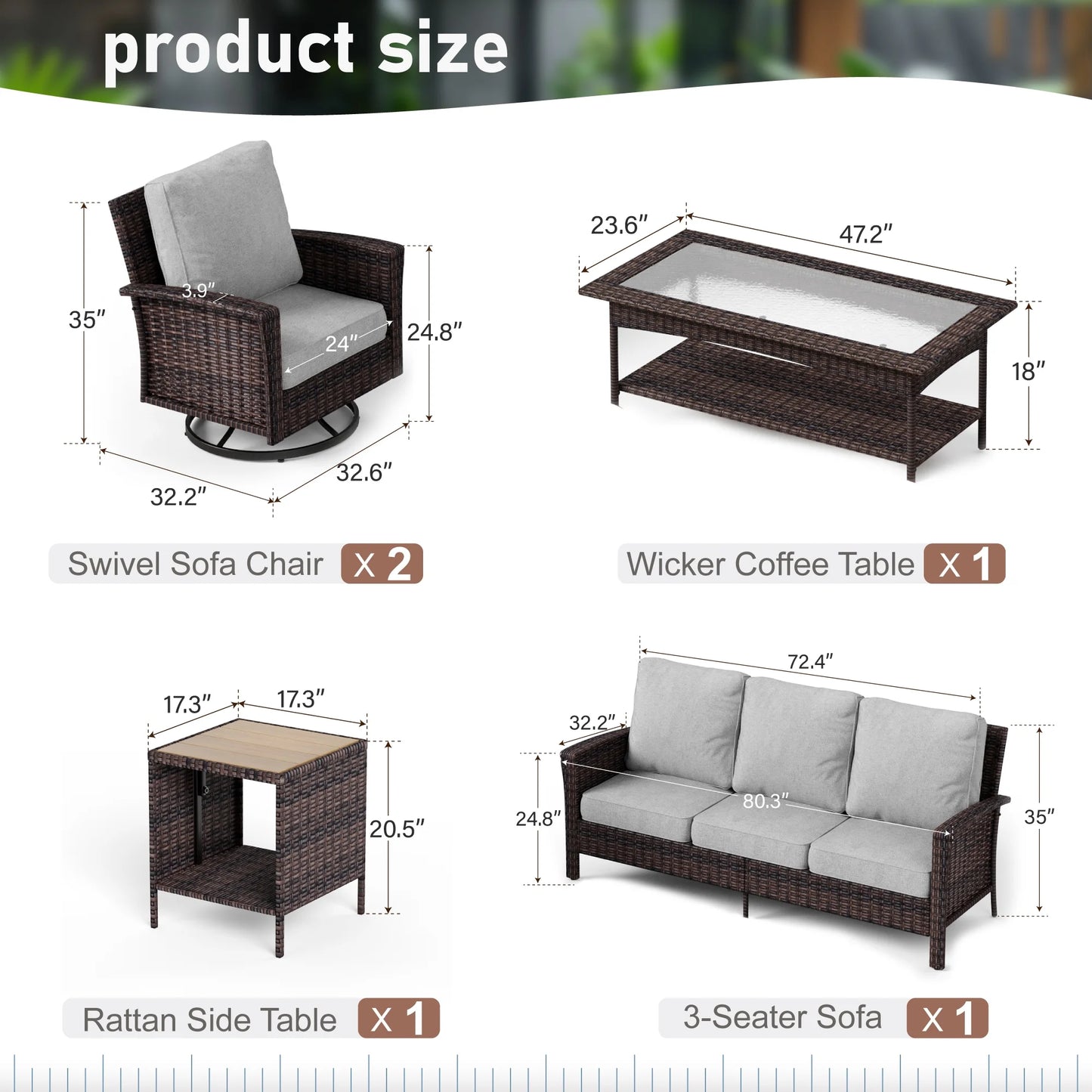 Summit Living 5-Seat Wicker Patio Furniture Set with 2 Swivel Chairs & 3-Seat Sofa with 2 pieces Coffee Table, Outdoor Rattan Sectional Conversation Set, Light-gray