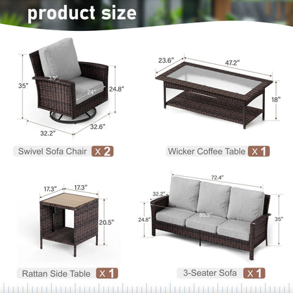 Summit Living 5-Seat Wicker Patio Furniture Set with 2 Swivel Chairs & 3-Seat Sofa with 2 pieces Coffee Table, Outdoor Rattan Sectional Conversation Set, Light-gray