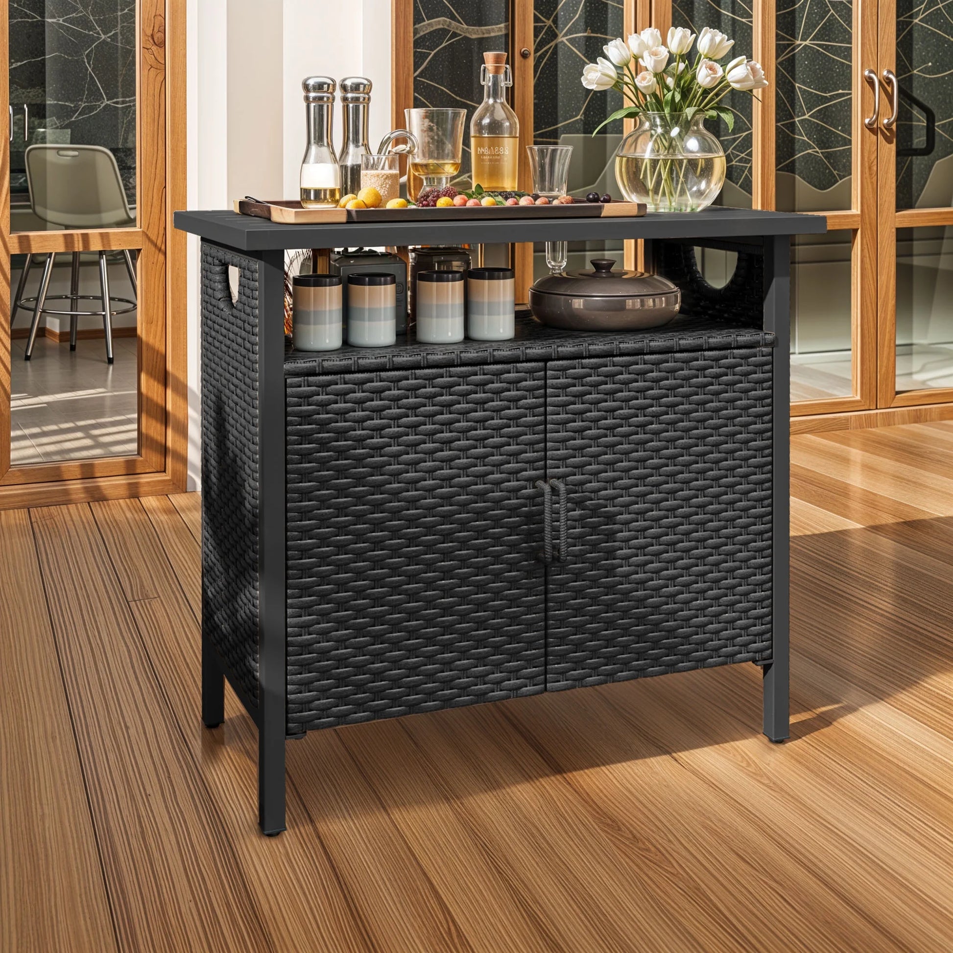 Dextrus Outdoor Patio Wicker Bar Counter Table, Wicker Storage Cabinet with with 2 Doors and Shelves, Wicker Bar Table,Deck Box - Brown