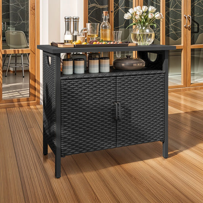 Dextrus Outdoor Patio Wicker Bar Counter Table, Wicker Storage Cabinet with with 2 Doors and Shelves, Wicker Bar Table,Deck Box - Brown