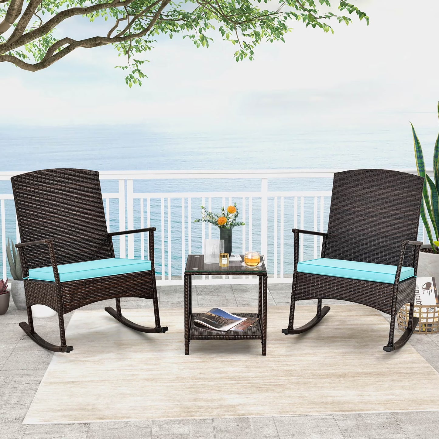 Costway Serenity 3 Piece Patio Rocking Wicker Rockers with White Cushions 2 Tier Coffee Table