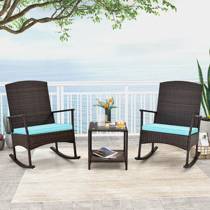 Costway Serenity 3 Piece Patio Rocking Wicker Rockers with White Cushions 2 Tier Coffee Table