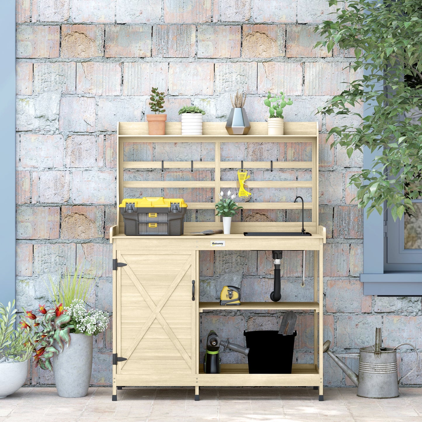 Outsunny Wooden Potting Bench, Outdoor Potting Table with Storage Cabinet, Storage Shelves, Sink, Water Tap for Backyard, Patio, Balcony, Natural