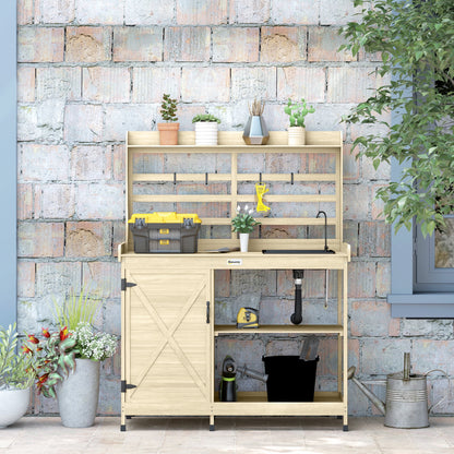 Outsunny Wooden Potting Bench, Outdoor Potting Table with Storage Cabinet, Storage Shelves, Sink, Water Tap for Backyard, Patio, Balcony, Natural