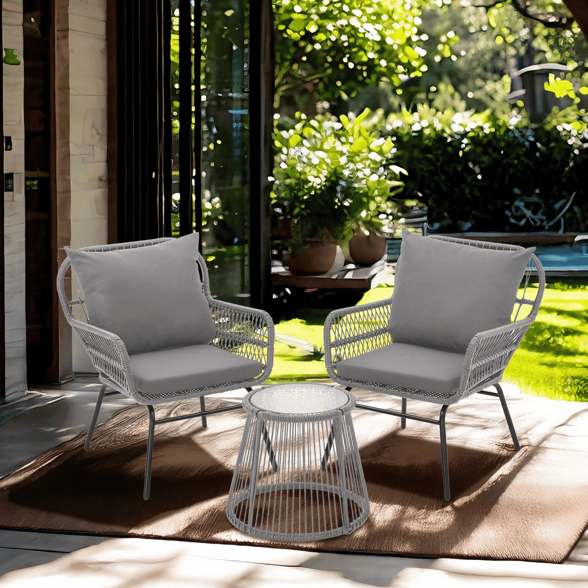 Bezseller 3-Piece Outdoor Wicker Furniture Set, Patio Conversation Set, Gray