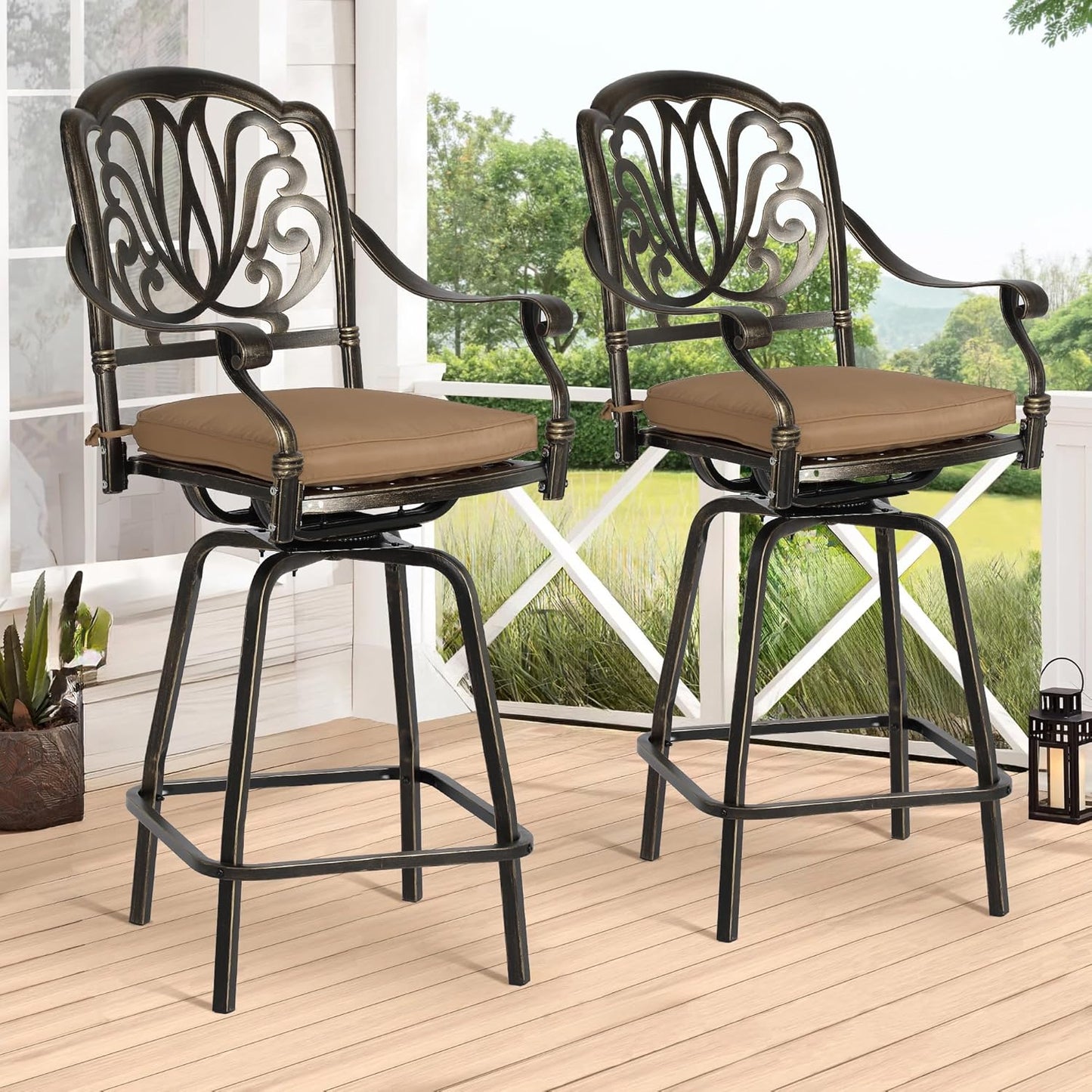 Magic Union Outdoor Cast Aluminum Swivel Bar Stools Set of 2, Patio Height Bartools Chairs, 2 Piece Patio High Dining Bistro Chairs for Garden Backyard (Without Cushion)