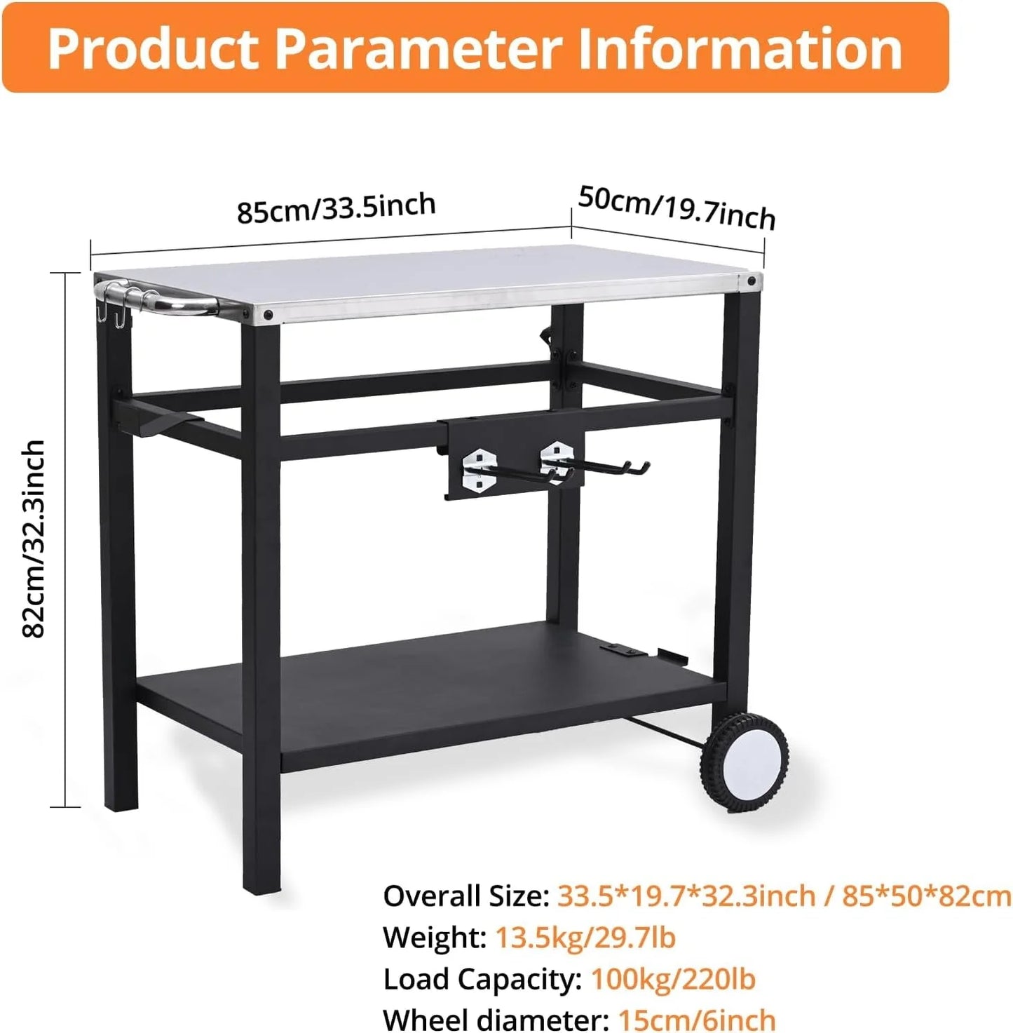 Outdoor Grill Cart Pizza Oven Stand, Stainless Steel Flattop Grill Cart, BBQ Prep Table with Wheels & Hooks, Side Handle, Tabletop Griddle Cooking Station for Bar, Patio, Camping, Home