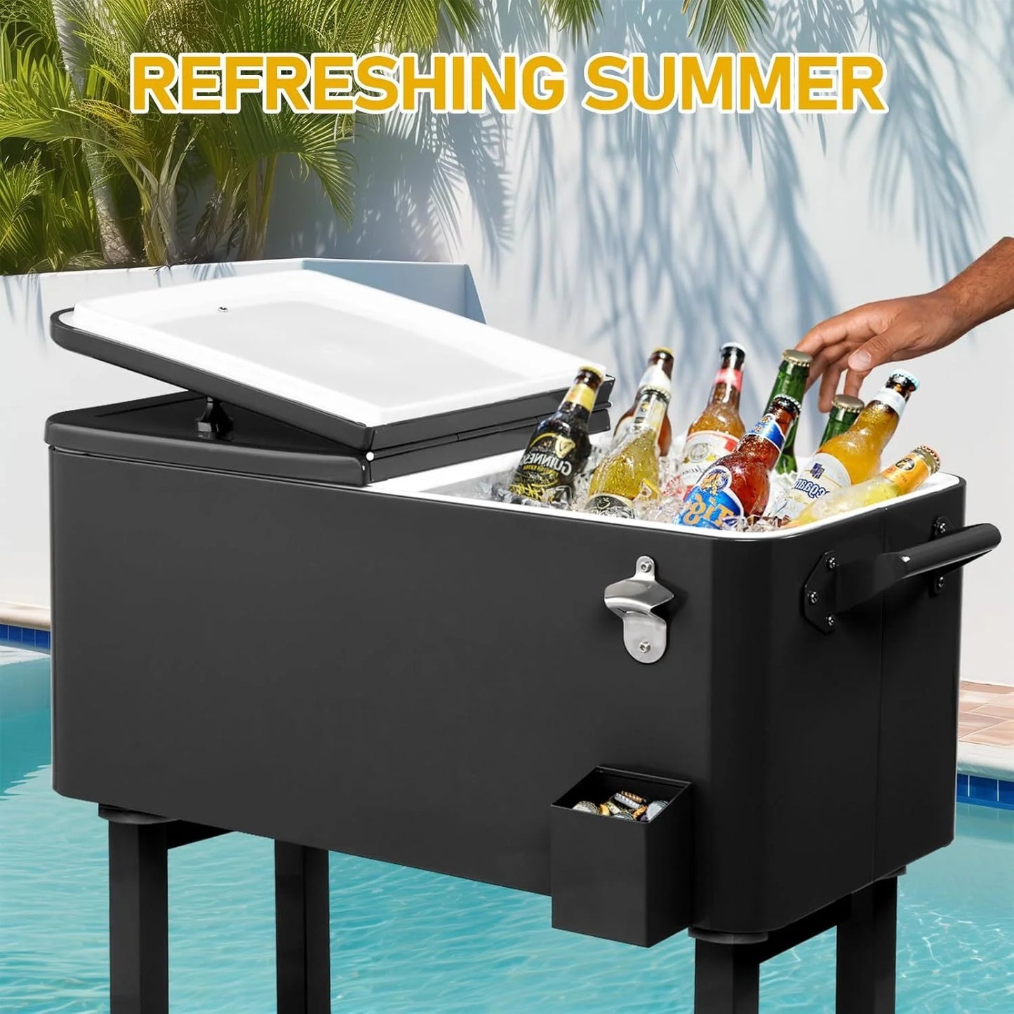 ​Large 80 Quart Portable Rolling Cooler with Lockable Lid, Features Catch Basin, Utility Tray, and Bottle Opener for Patio, Parties, Boating, and Vacation​
