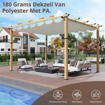 10x13 Ft Aluminum Pergola,Outdoor Metal Gazebo with Adjustable Canopy,Reinforced Frame Outdoor Shelter for Backyard,Patio Lawn and Deck - Wood grain beige
