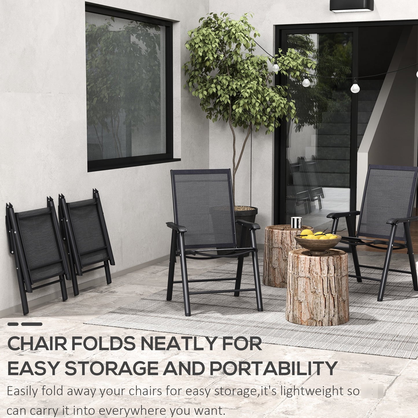 4 Patio Folding , Stackable Outdoor Sling Chairs With For Lawn, Camping, Dining, Beach. Metal Frame, No Assembly, Black. 22.87" L X 25.15" W 37" H, 242 Lbs Load-supporting Ability Frame Structure,