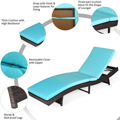 Costway Patio Rattan Folding Lounge Chair Chaise Adjustable W/Turquoise Cushion