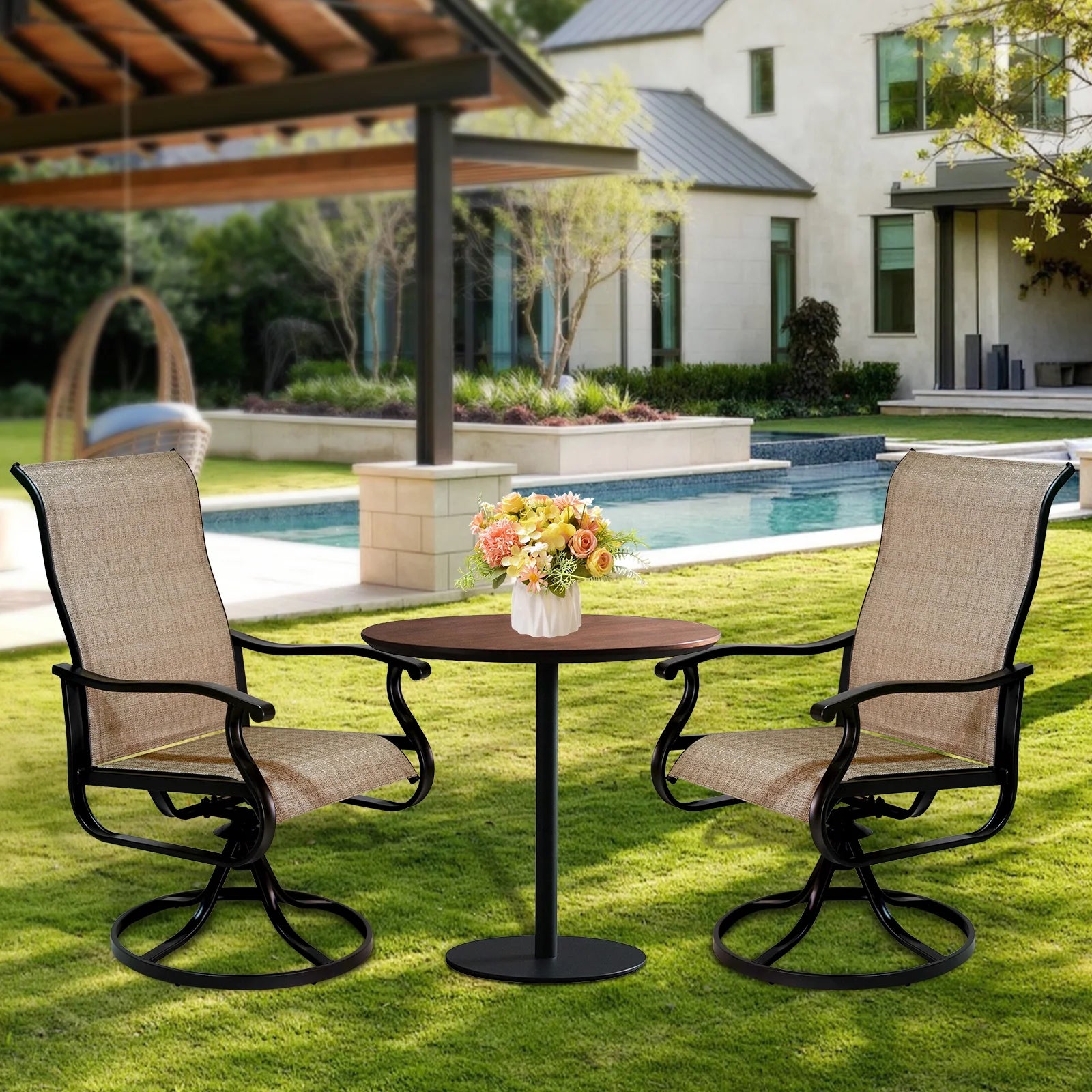 Patio Swivel Chairs Set of 2, Outdoor High Back Rocker Dining Chairs with All-Weather Textilene Mesh and Metal Frame, Comfortable Swivel Chairs for Patio, Garden, Deck, and Backyard (Beige)