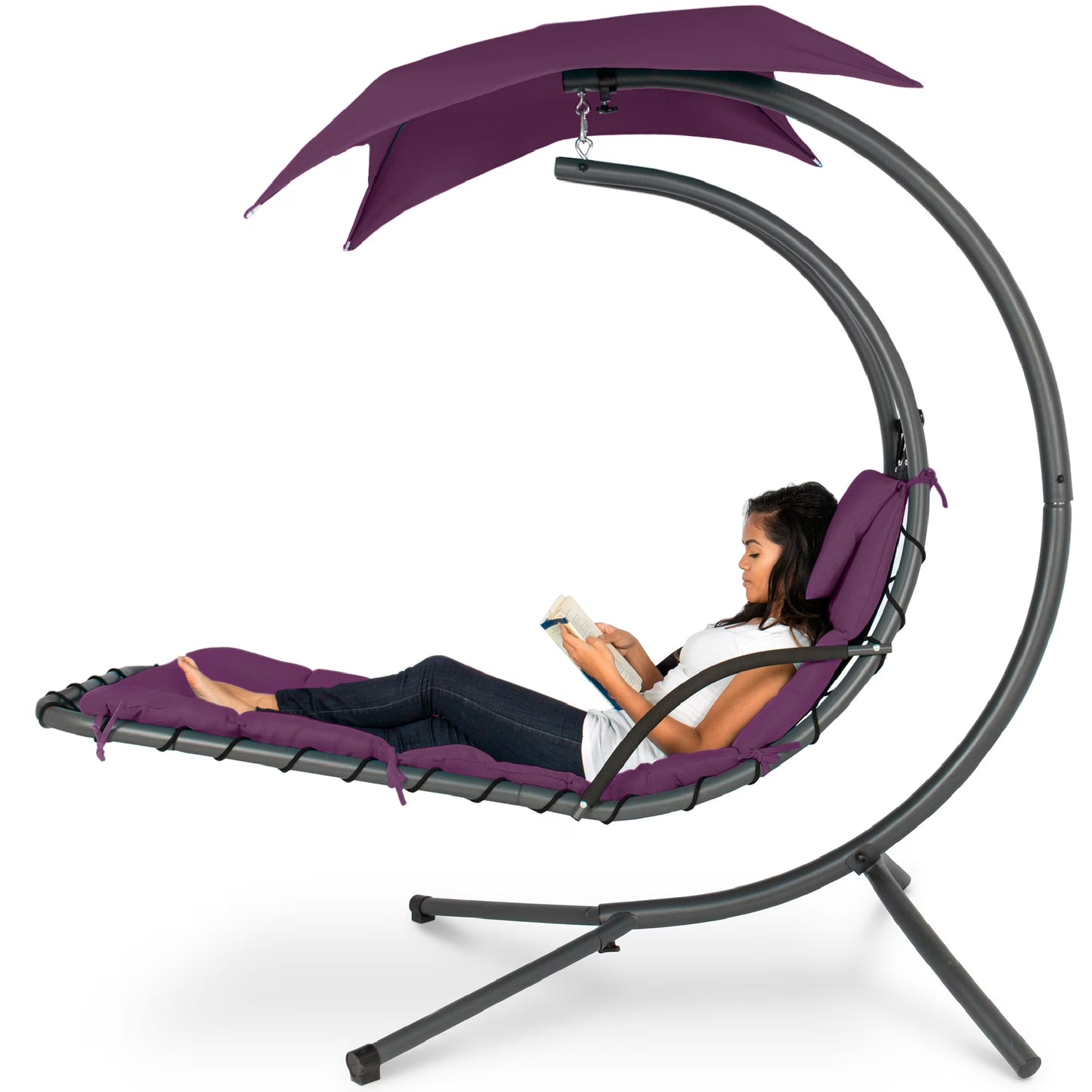 Best Choice Products Hanging Curved Chaise Lounge Chair Swing for Backyard, Patio w/Pillow, Shade, Stand - Teal