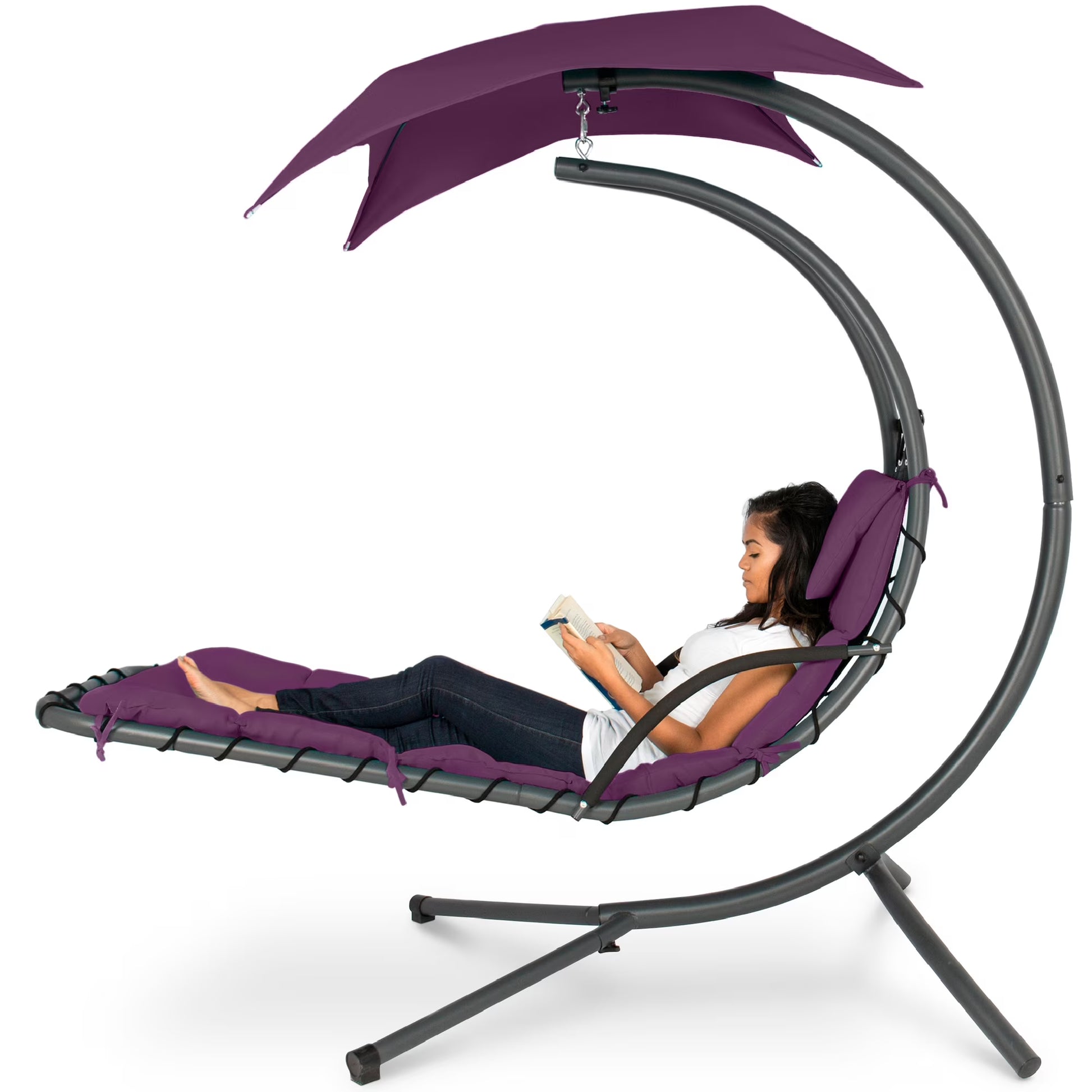 Best Choice Products Hanging Curved Chaise Lounge Chair Swing for Backyard, Patio w/Pillow, Shade, Stand - Teal