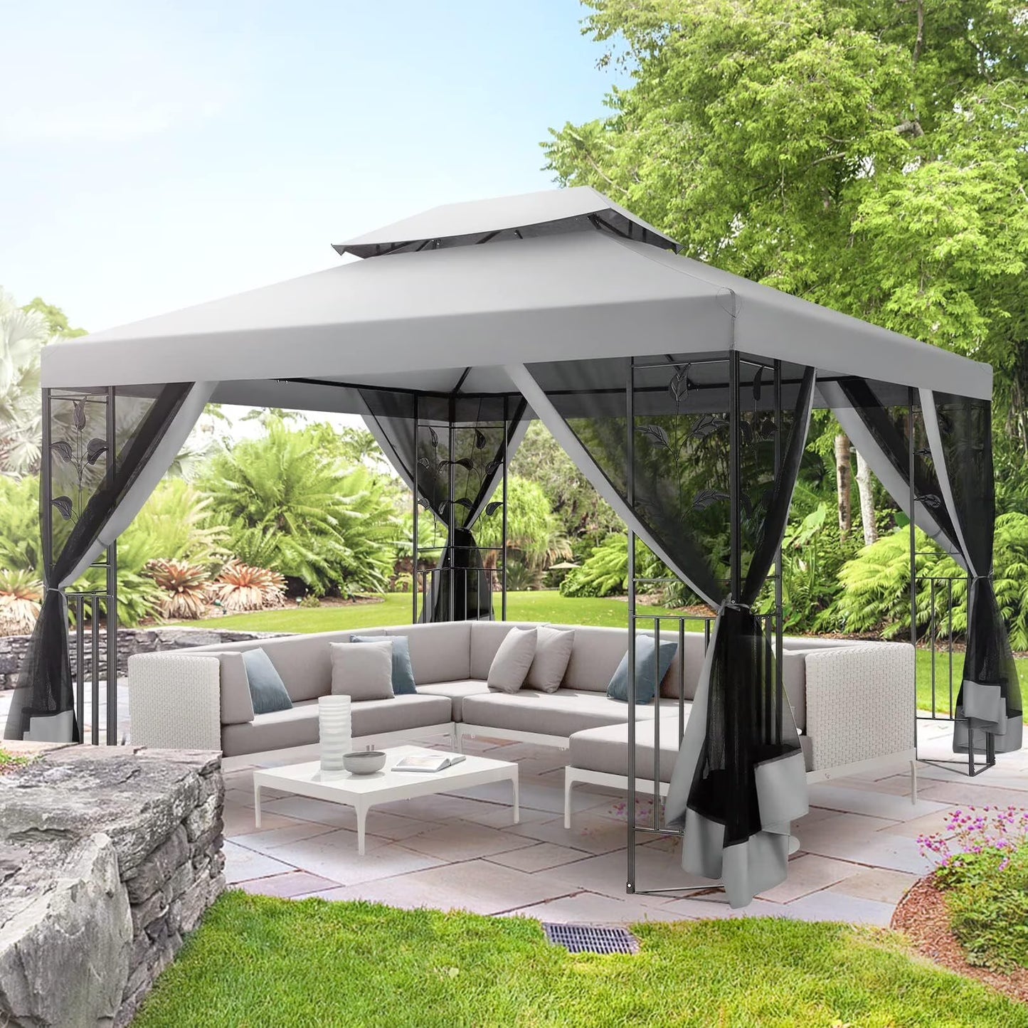 COBIZI Pop-up Gazebo, 10' x 13' Outdoor Steel Double Roof Canopy, Metal Frame Pavilion with Mosquito Netting, Sunshade for Garden, Patio, Lawns, Brown