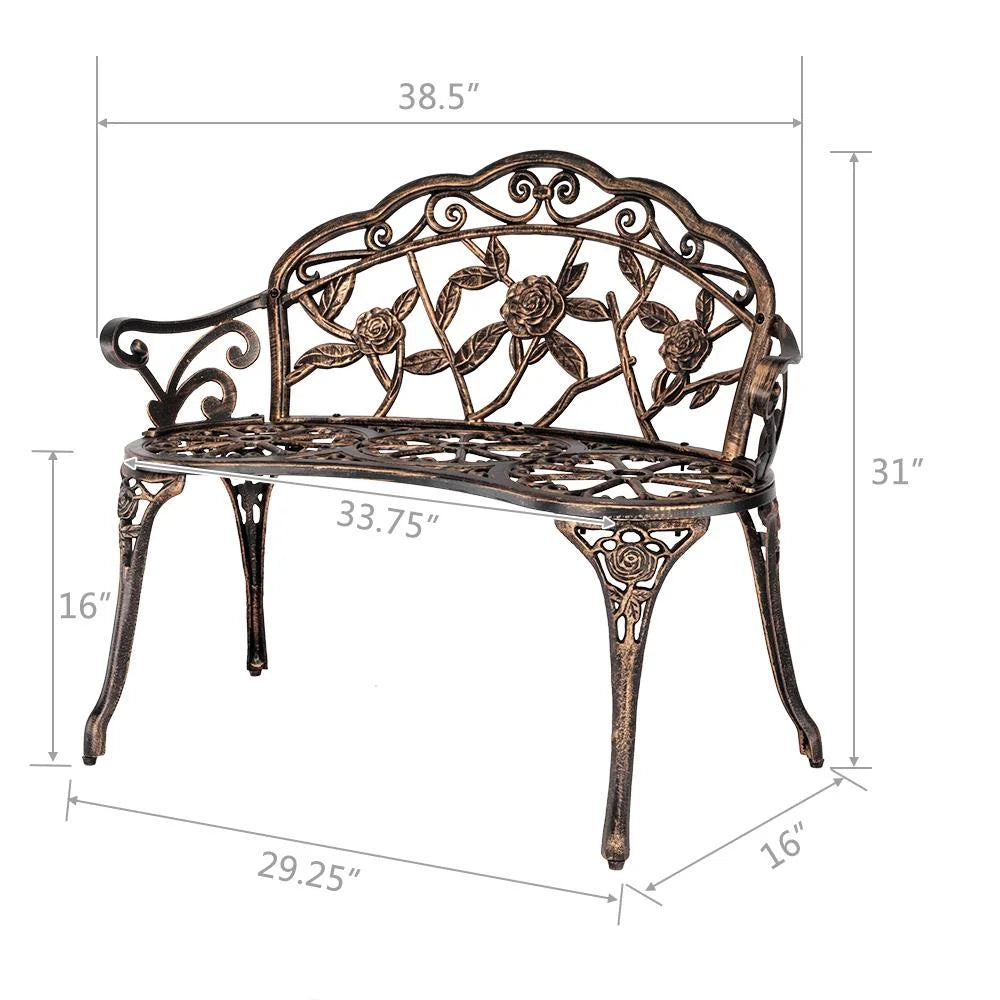 Zimtown Courtyard Park Outdoor Patio Bench Leisure Rose Cast Aluminum Chair, Metal Loveseat Bench for Garden Patio, Porch, Deck, Bronze