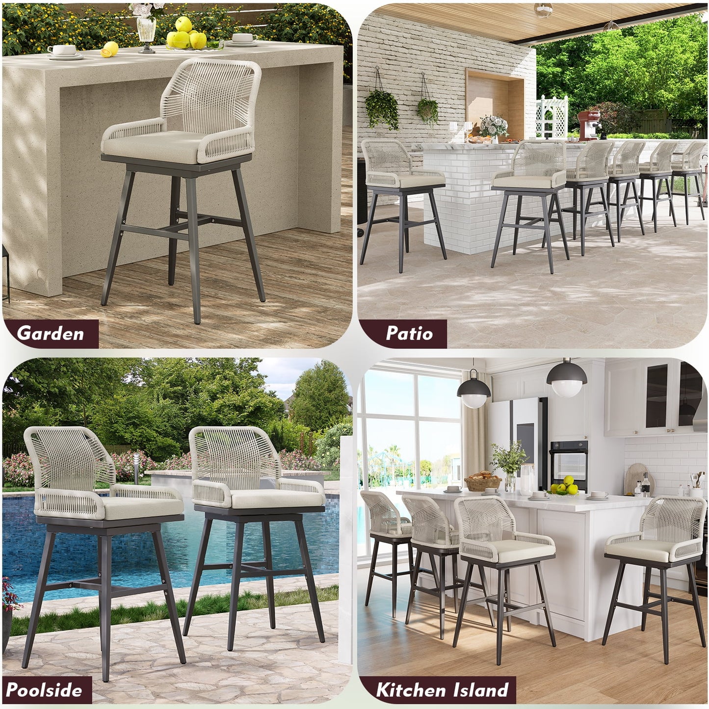 MEISSALIVVE Set of 2 Rattan Swivel Bar Stools, 26" Counter Height with Woven Rope Back, Cushioned Patio Bar Chairs for Kitchen, Garden, Beige