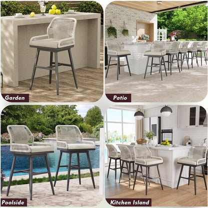 MEISSALIVVE Set of 2 Rattan Swivel Bar Stools, 26" Counter Height with Woven Rope Back, Cushioned Patio Bar Chairs for Kitchen, Garden, Beige