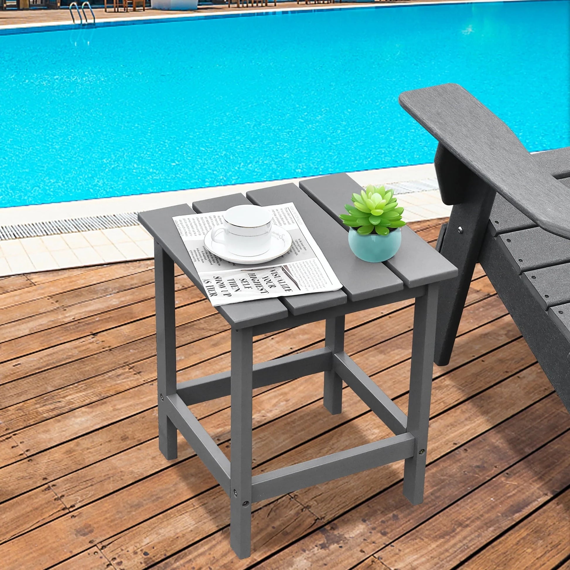 Costway Patio 15" End Side Coffee Table Square Wooden Slat Garden Deck Gray