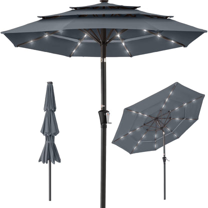 Best Choice Products 10ft 3-Tier Solar Patio Umbrella w/24 LED Lights, Tilt Adjustment, Easy Crank - Tan