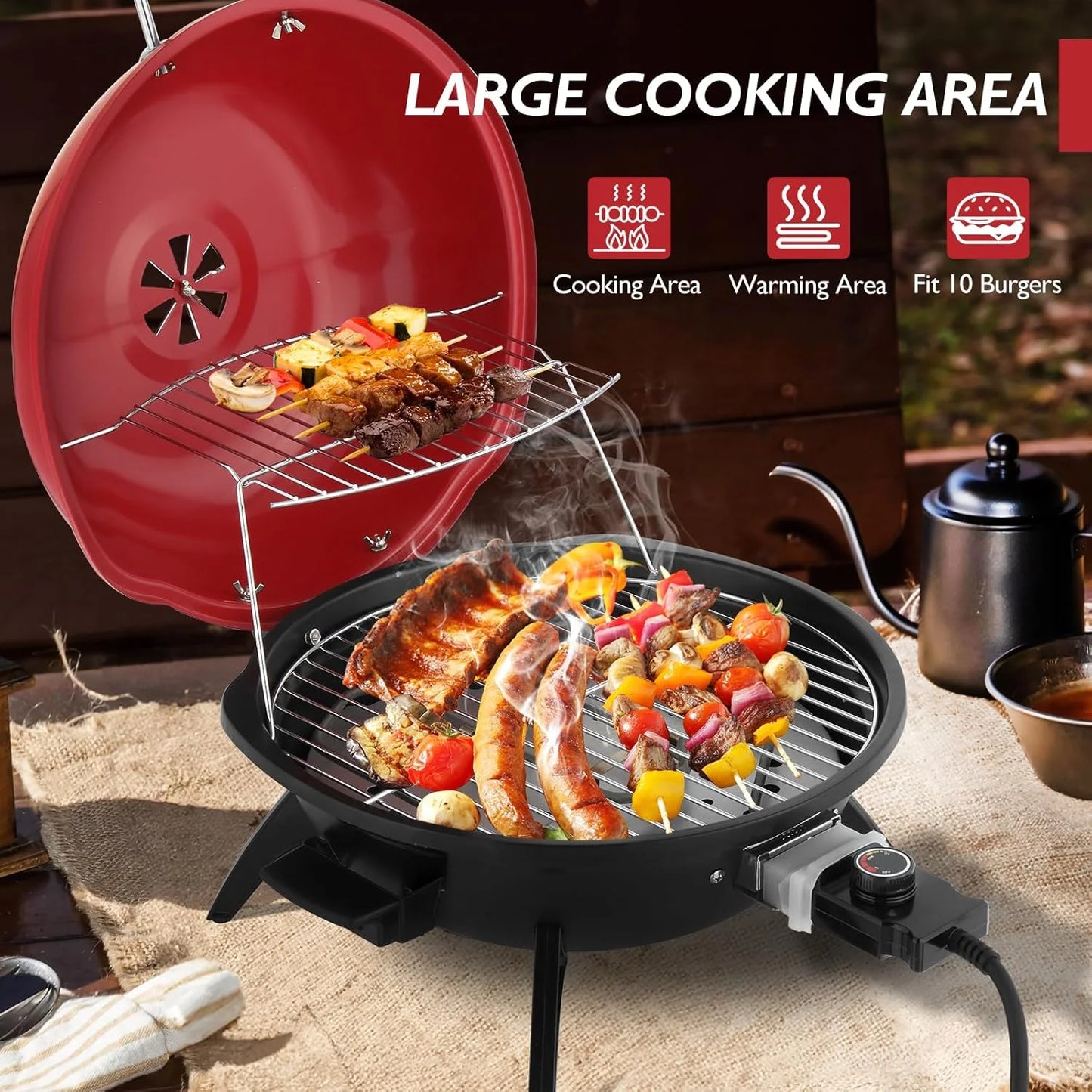 NALYL Indoor/Outdoor Electric Grill, 1600W Portable Removable Stand Grill with Double Layer Design for Countertops, BBQ, Patio & Backyard (Black)