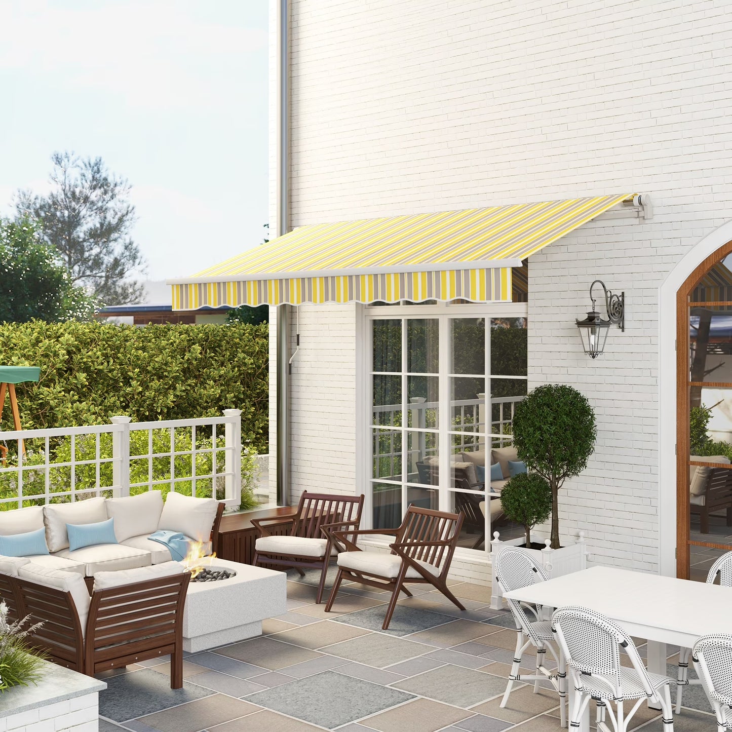 Outsunny 12' x 10' Manual Retractable Awning Outdoor Sunshade Shelter for Patio, Balcony, Yard, with Adjustable & Versatile Design, Beige and White