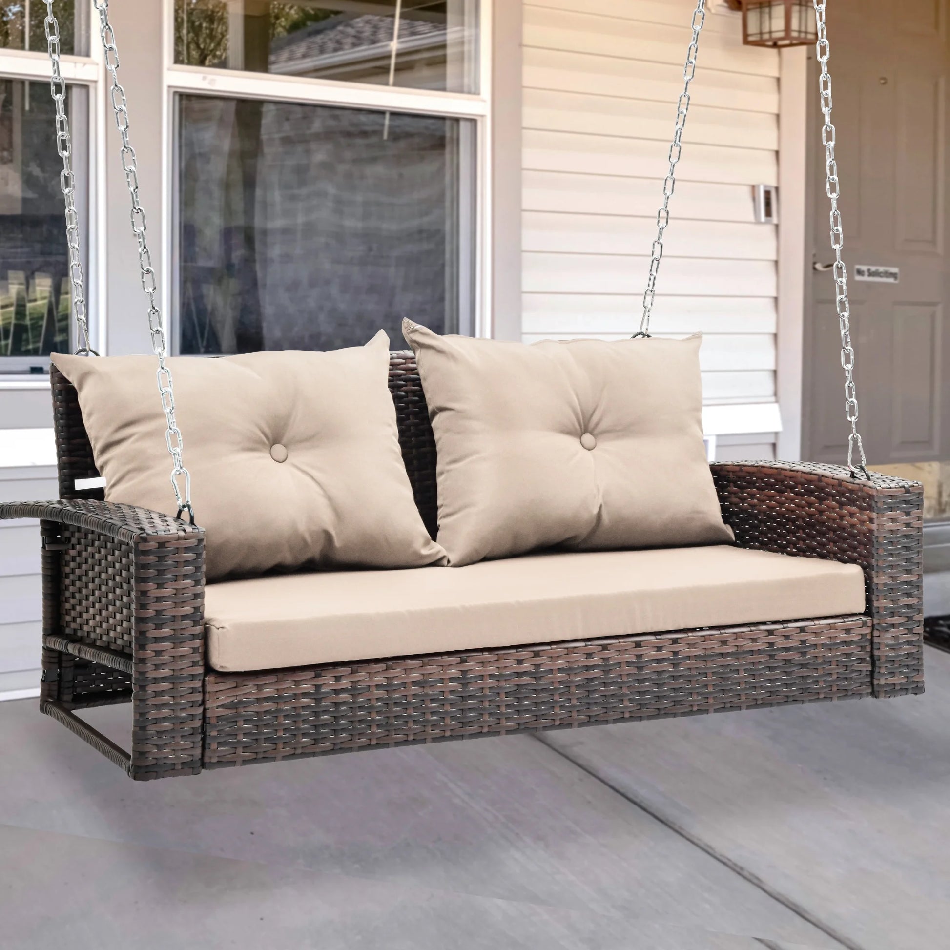 Uforic Dual Occupancy Outdoor Swing Chair, Elegant Black Rattan Patio Lounge with Beige Cushions and a Sturdy 770lbs Capacity for Garden, Balcony, or Living Room