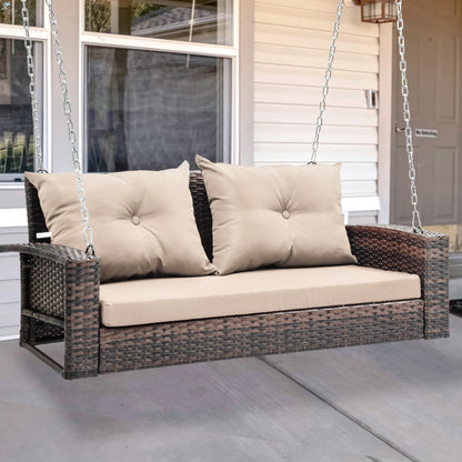 Uforic Dual Occupancy Outdoor Swing Chair, Elegant Black Rattan Patio Lounge with Beige Cushions and a Sturdy 770lbs Capacity for Garden, Balcony, or Living Room