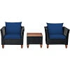 Costway 3PCS Outdoor Patio Rattan Furniture Set Wooden Table Top Cushioned Sofa Navy
