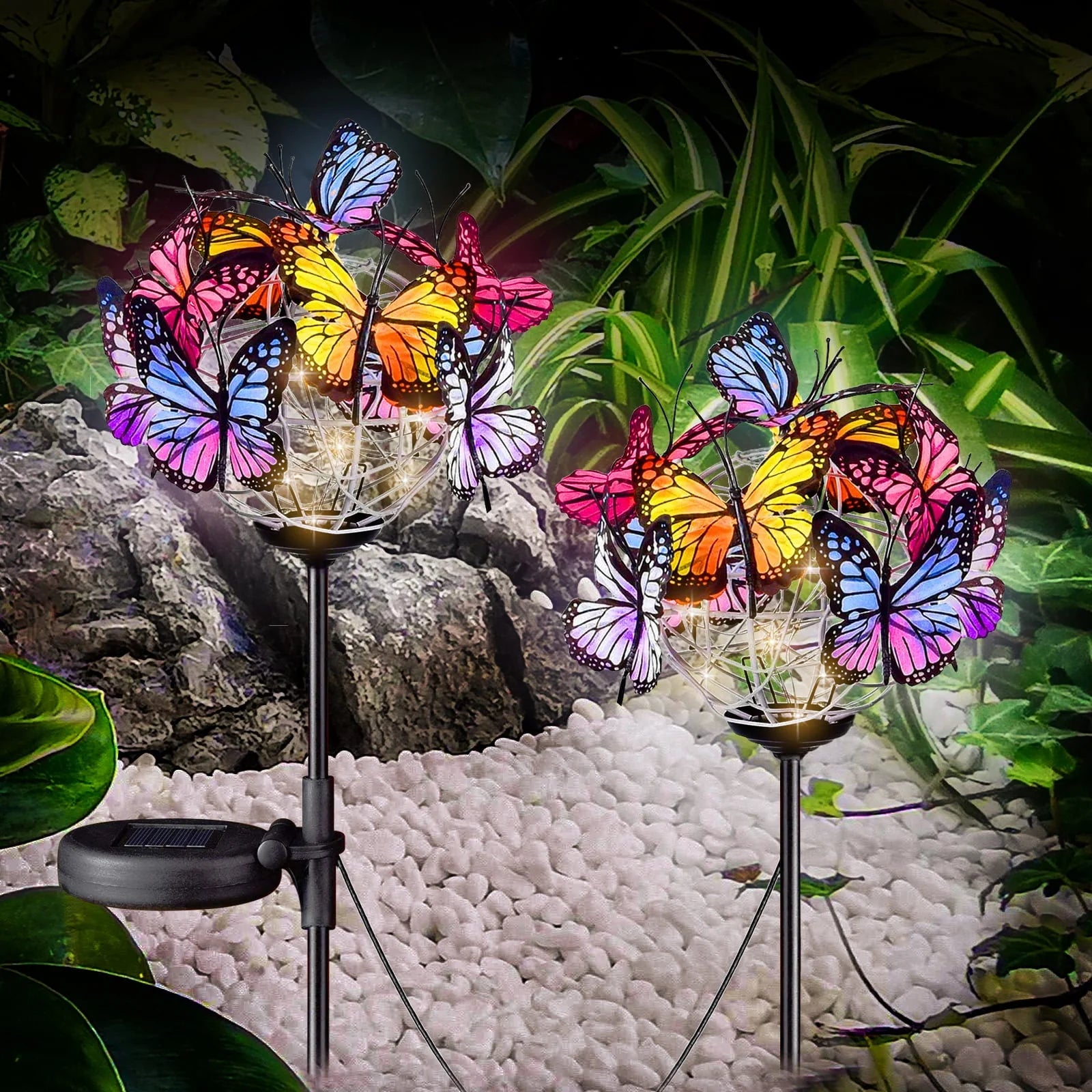Rirool Decorative Solar Garden Lights Outside, 2 Pack Waterproof Solar Stake Lamp with Solar Panel, Multicolored Butterfly Ball Landscape Lights for Yard Patio Lawn Party Decor