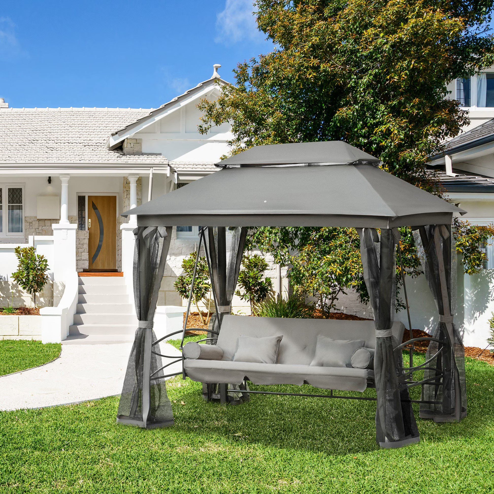 Outsunny 3 Person Patio Swing Chair, Gazebo Swing with Double Tier Canopy, Cushioned Seat, Mesh Sidewalls, gray