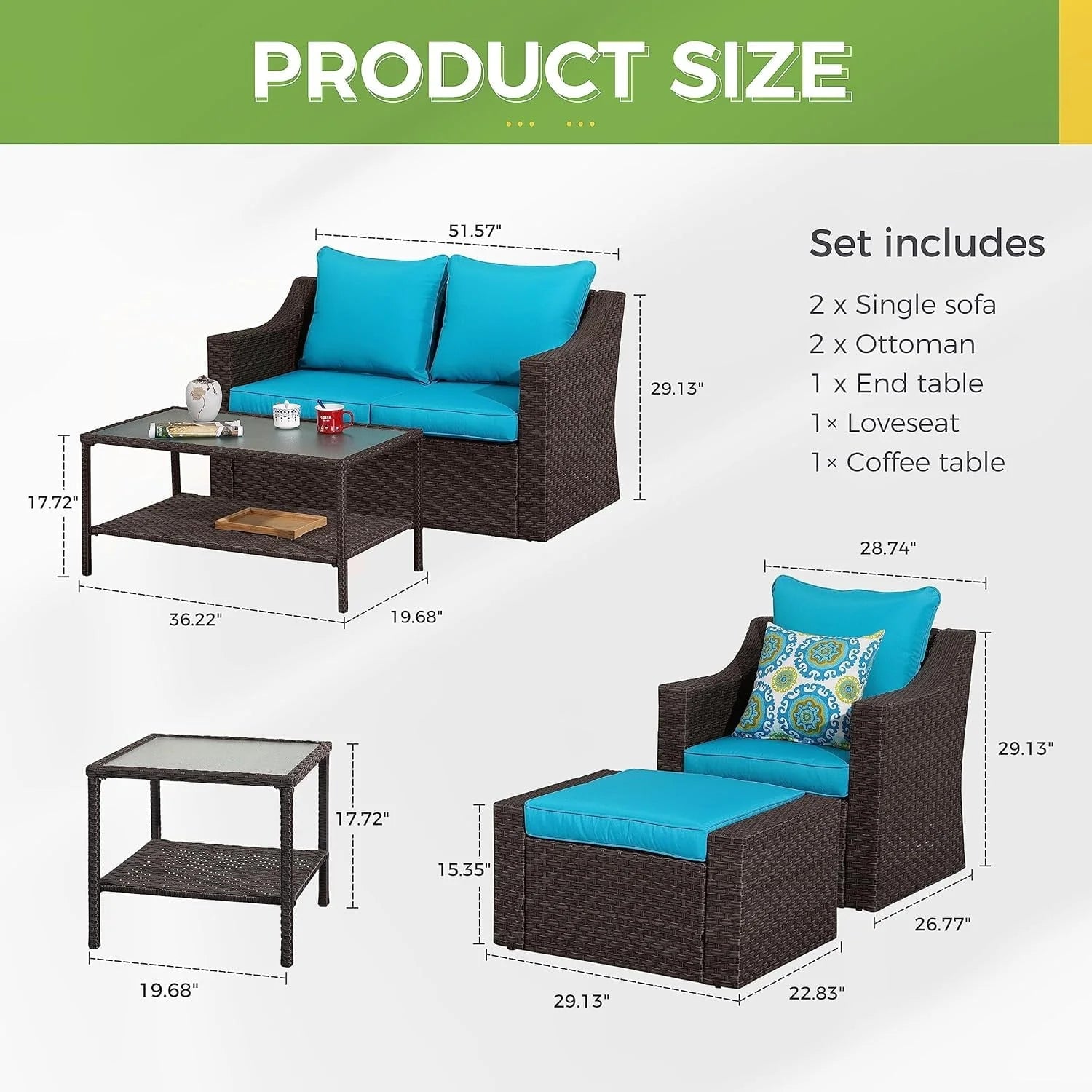 CozyHom 7 Piece Outdoor Patio Furniture Sofa Set, Outside Sectional Sofa Rattan Wicker Dining Furniture Conversation Couch Sets with Ottoamns, Blue