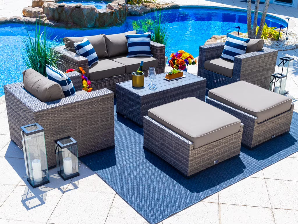 Sorrento 6-Piece M Resin Wicker Outdoor Patio Furniture Lounge Sofa Set in Gray w/Loveseat, Two Armchairs, Two Ottomans, and Coffee Table (Flat-Weave Gray Wicker, Polyester Light Gray)