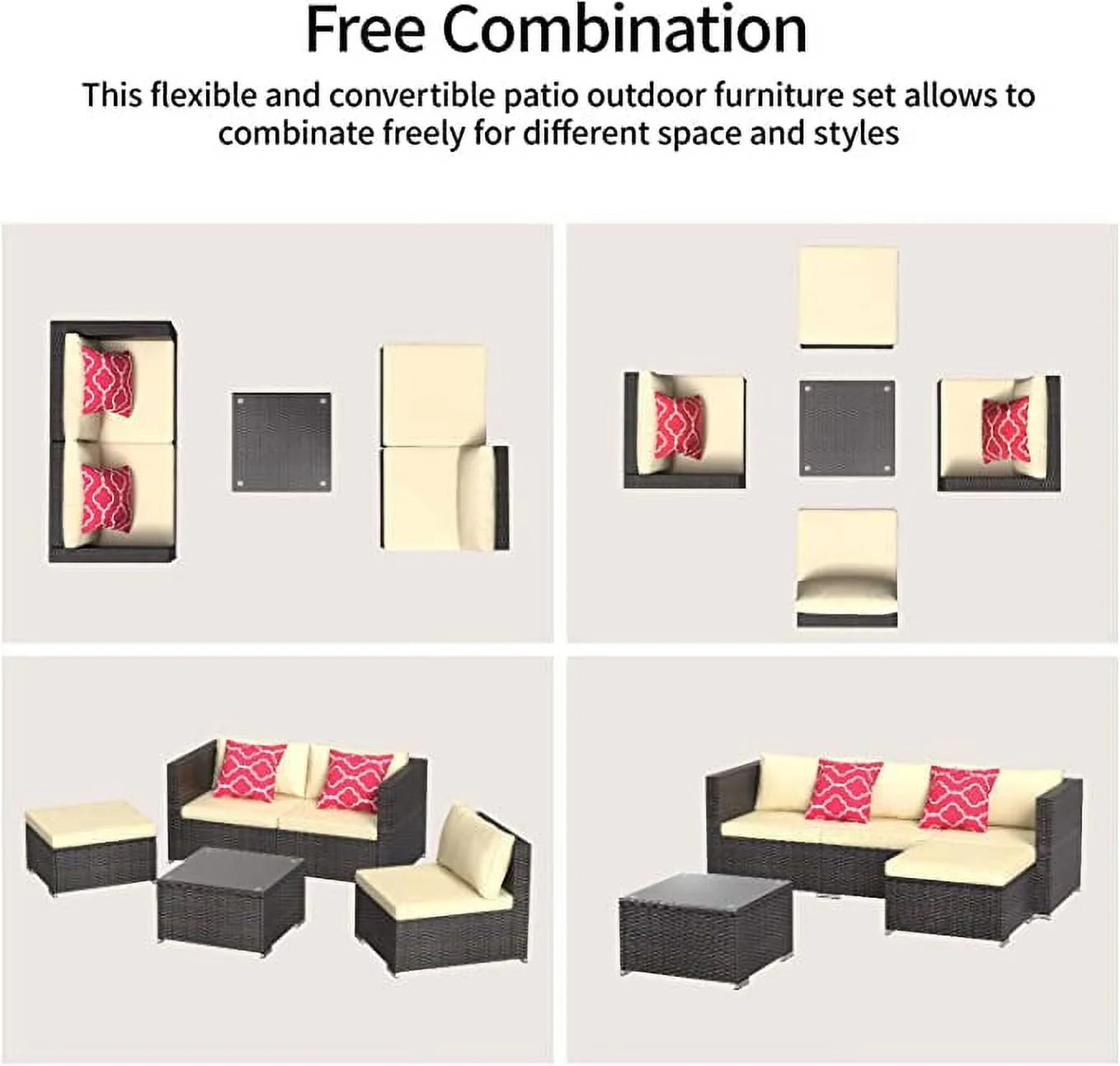 5Pcs Patio Conversation Set, Outdoor Rattan Sectional Sofa, Beige