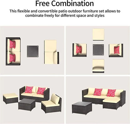 5Pcs Patio Conversation Set, Outdoor Rattan Sectional Sofa, Beige