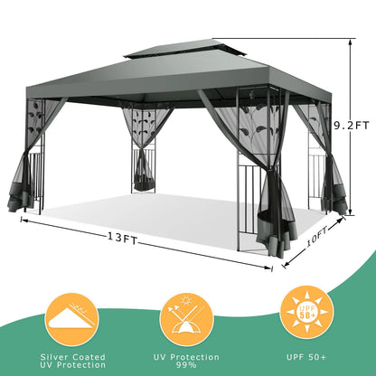 COBIZI 10' x 13' Pop Up Gazebo, Screened Patio Gazebo, Outdoor Steel Double Roof Canopy Tent, Metal Frame Canopy with Mosquito Netting, Sunshade for Garden, Lawns, Gray