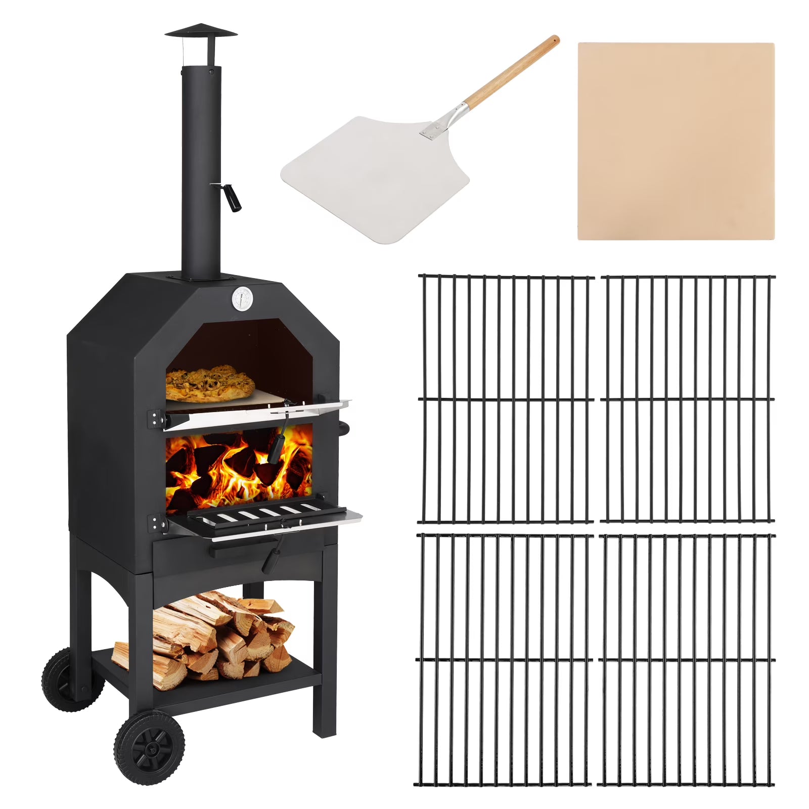 Ktaxon Outdoor Pizza Oven 14 Inch Wood Fired Pizza Oven Patio Pizza Maker w/Pizza Stone, Pizza Peel, Grill Rack