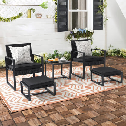 Orange-Casual 5-Piece Outdoor Furniture Set, Patio Steel Wicker Conversation Set, with Ottomans & Soft Washable Cushions, Black