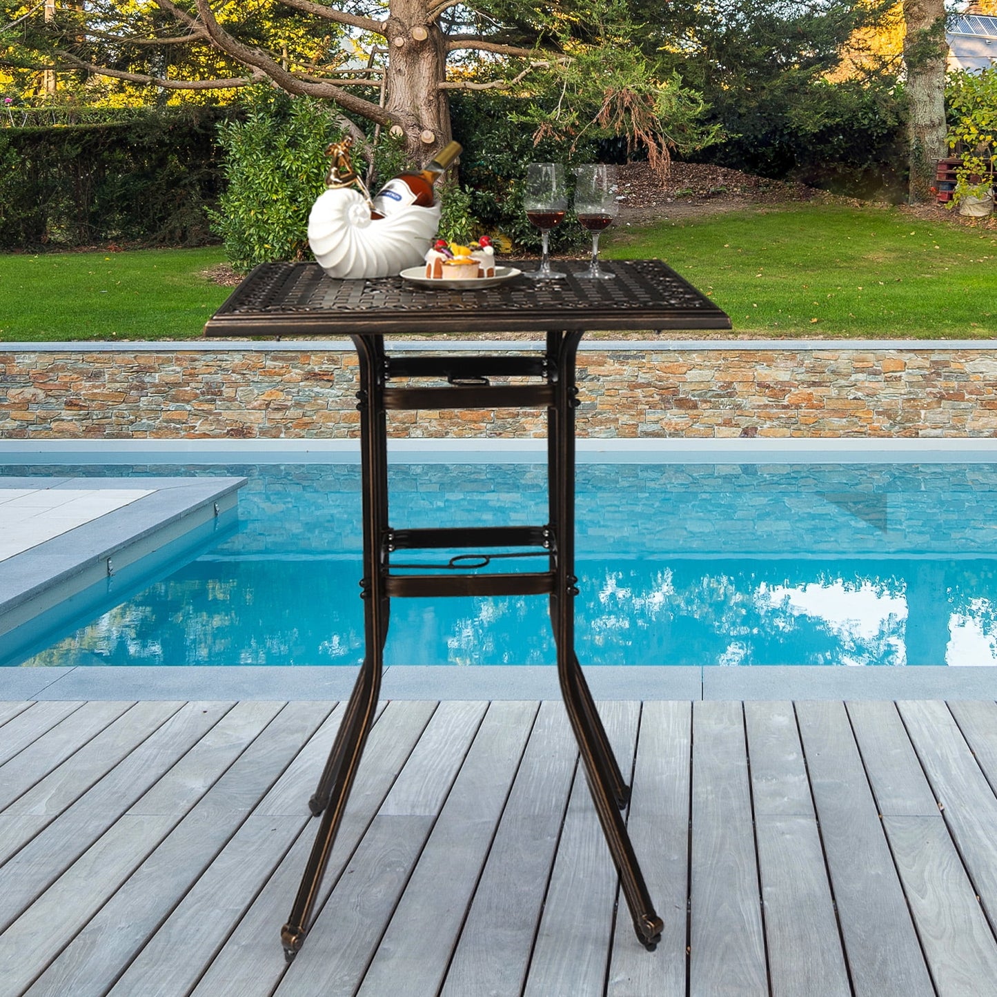 Ktaxon 31.5" Patio Bar Height Table, All-Weather Cast Aluminium Square Bar Bistro Table with 2" Umbrella Hole, Outdoor Tall Table for Porch Balcony Backyard Garden, Antique Bronze