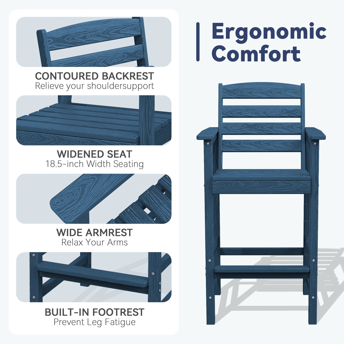 JUSTLET Tall Adirondack Chair Set of 2 with Double Connecting Tray, HDPE Outdoor Weather Resistant Patio Bar Stools for Patio, Balcony, Porch, Navy Blue