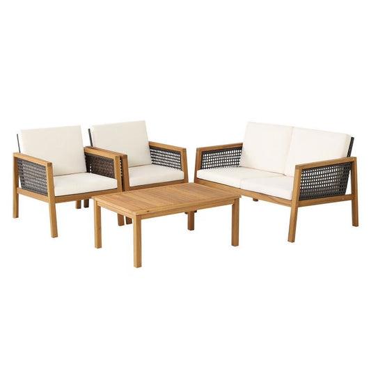 Kadyn Garden Conversation Table Set, Conversation Loveseat Chairs Set, 4 Pieces Patio Rattan Furniture Set with Removable Cushions-White