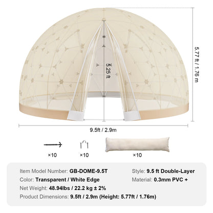 KFFKFF Dome Bubble Tent, 9.5FT Dual Cover (Clear & Light Yellow), Outdoor Spherical Shelter, Enhanced Garden Igloo, Weatherproof Pod for Camping, Patio, Outdoor Dining, Backyard Gatherings