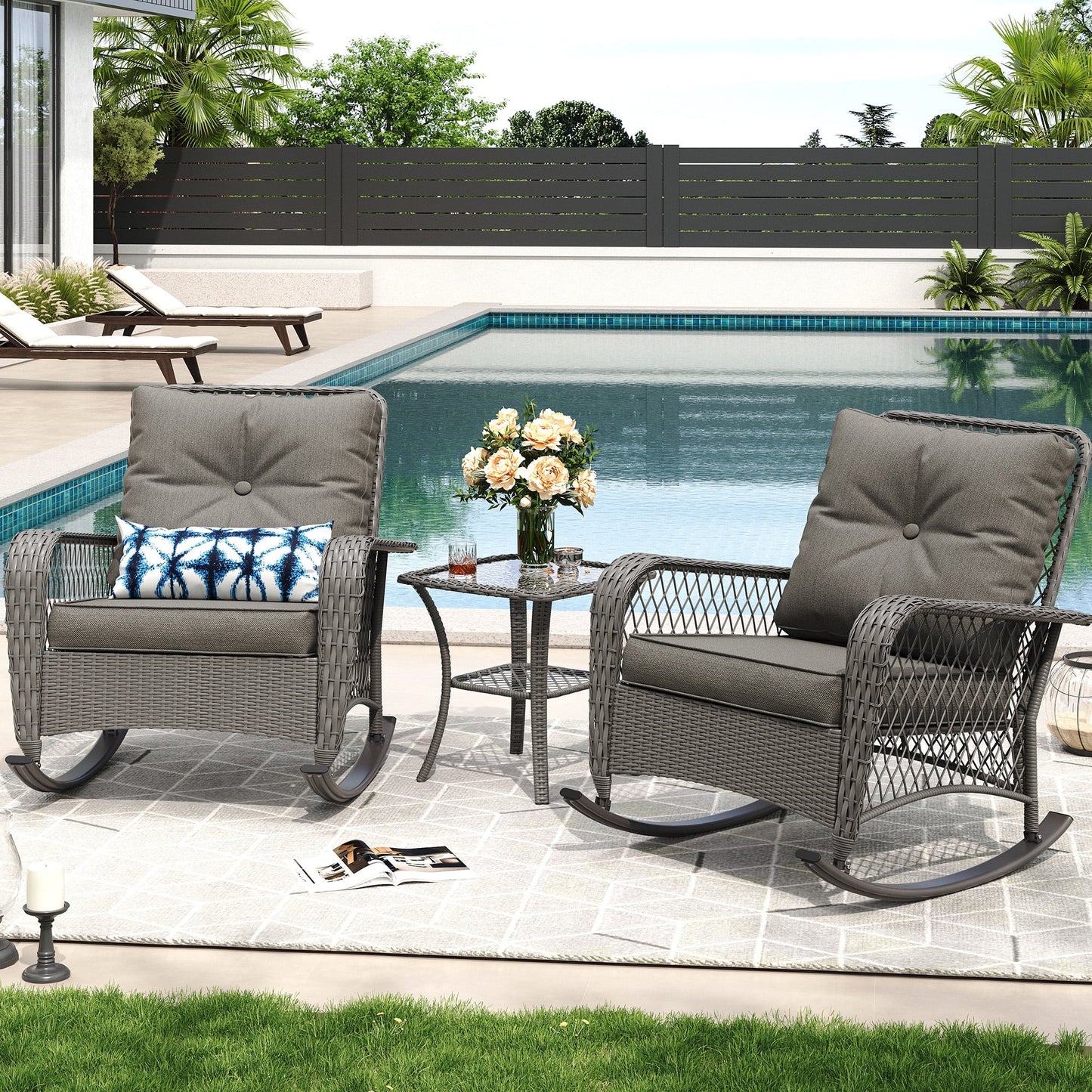 MRUAKA Outdoor Rocking Chairs Set of 3, Wicker Patio Furniture with Thickened Cushions and Table for Porch350lbs Weight Capacity(Gray)