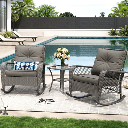 MRUAKA Outdoor Rocking Chairs Set of 3, Wicker Patio Furniture with Thickened Cushions and Table for Porch350lbs Weight Capacity(Gray)